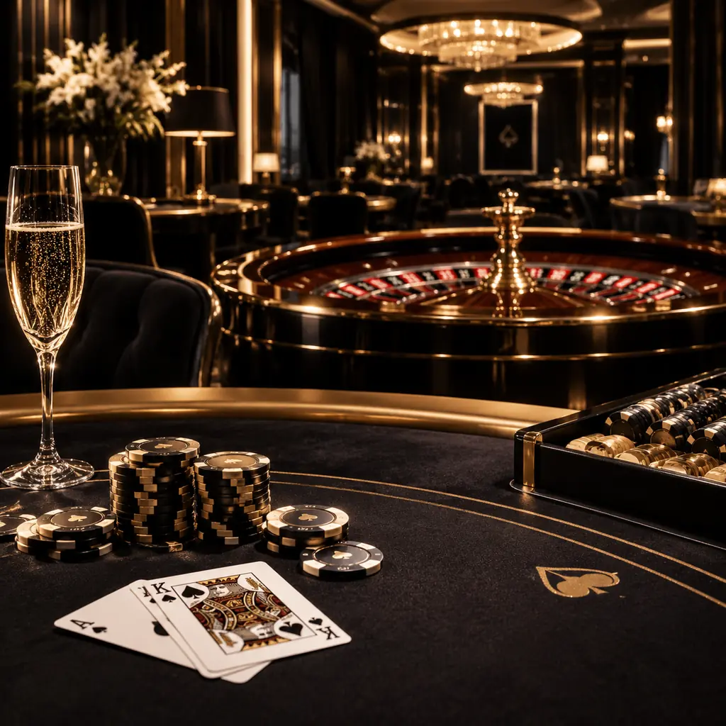 Meja casino bergaya hitam dan sampanye dengan kartu dan tumpukan chip