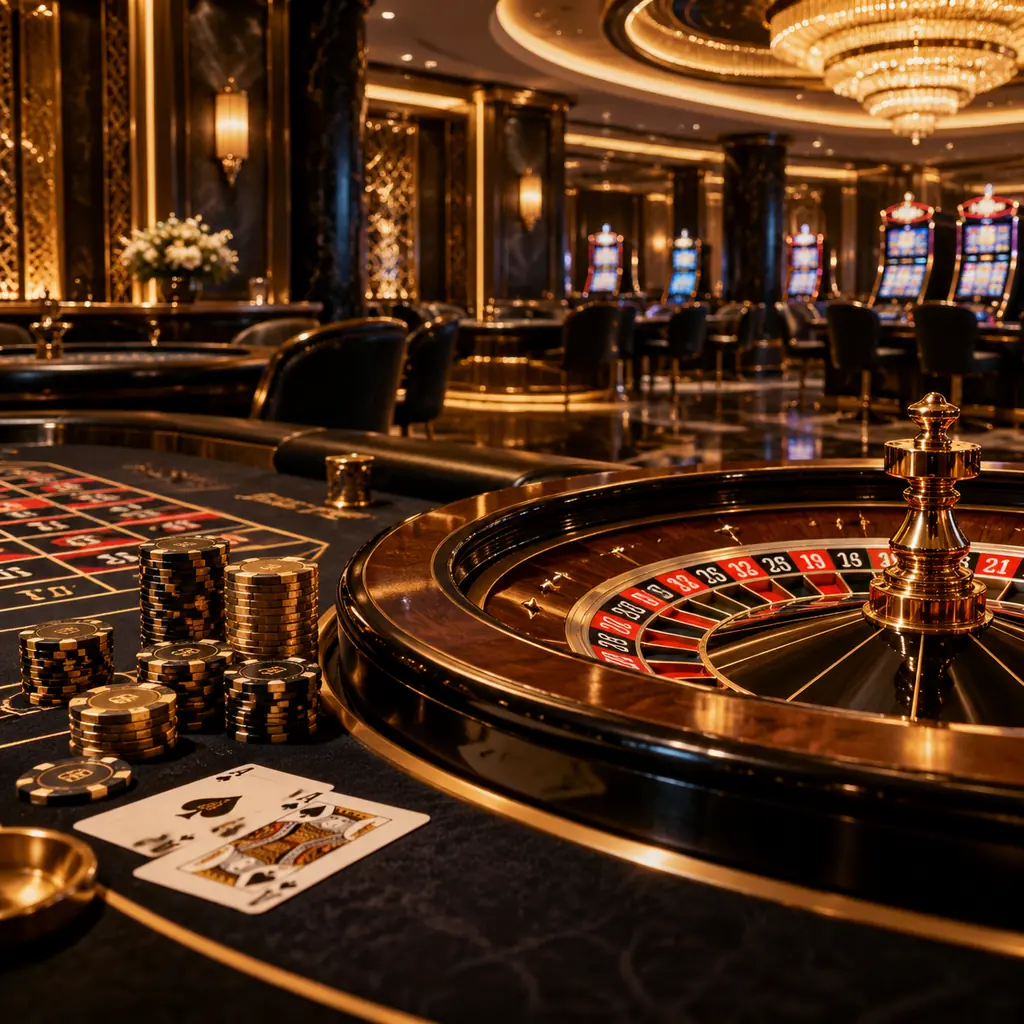 Ruang kasino gelap dengan meja roulette dan kartu dalam cahaya sampanye