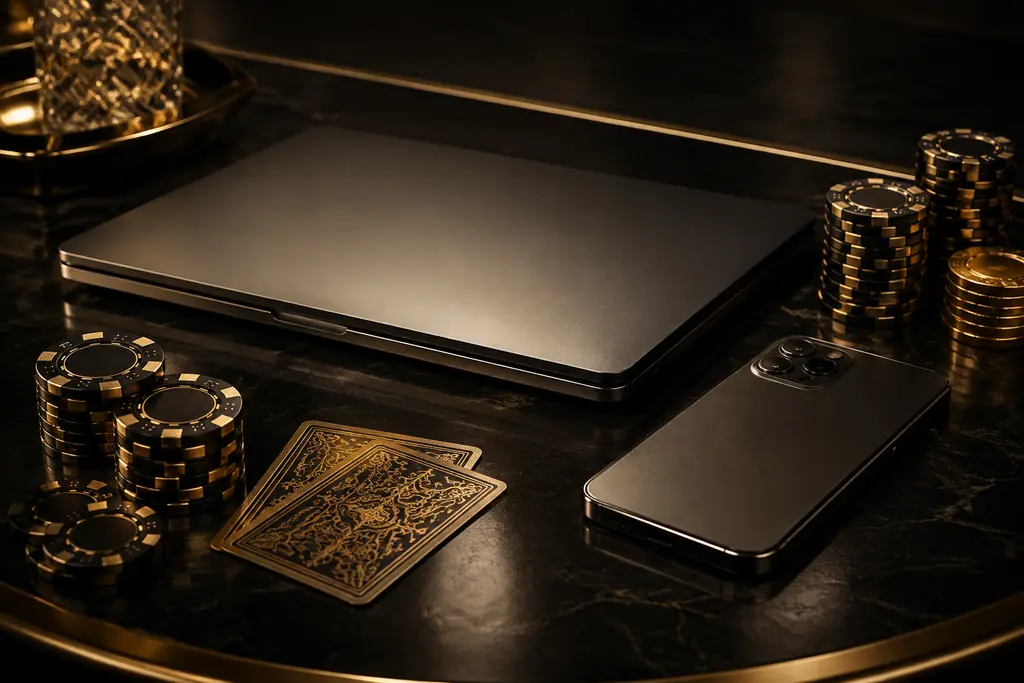 Laptop tertutup dan ponsel di meja poker