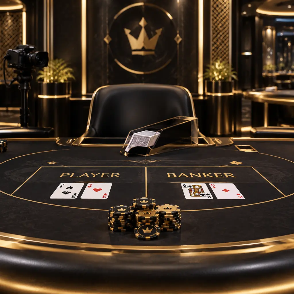 Meja baccarat dengan kartu dan sepatu kartu