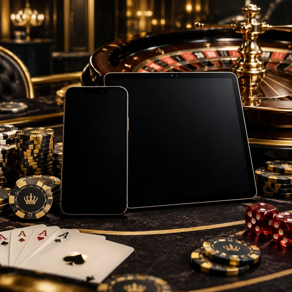 Ponsel dan tablet dengan layar gelap di tepi meja roulette