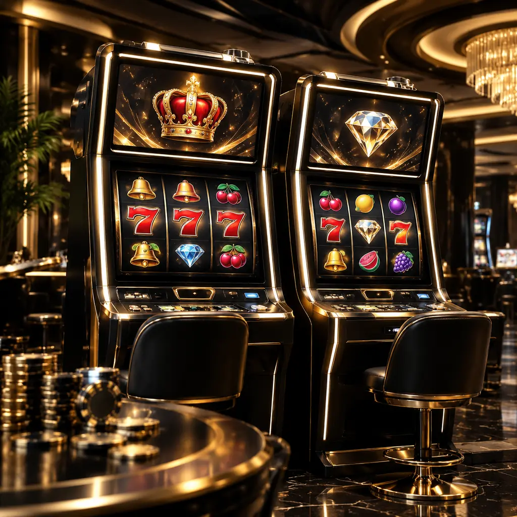 Perangkat permainan slot dengan pantulan cahaya pada kabinet