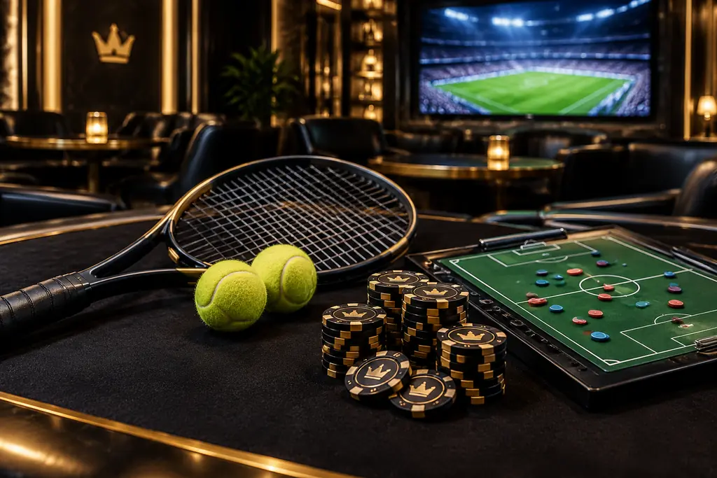 Bola tenis dan papan lapangan sepak bola di lounge sportsbook kasino