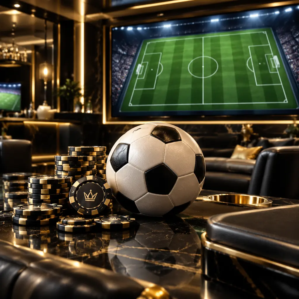 Ruang sportsbook dengan layar lapangan sepak bola dan chip kasino